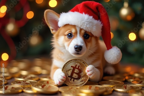 Corgi puppy in a Santa hat holds a bitcoin coin amidst festive holiday lights. Great for blending cryptocurrency and seasonal celebration concepts. photo