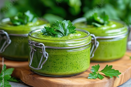 Pavetta Ploth green sauce in decorative glass jars on a rustic wooden table surrounded by fresh herbs photo