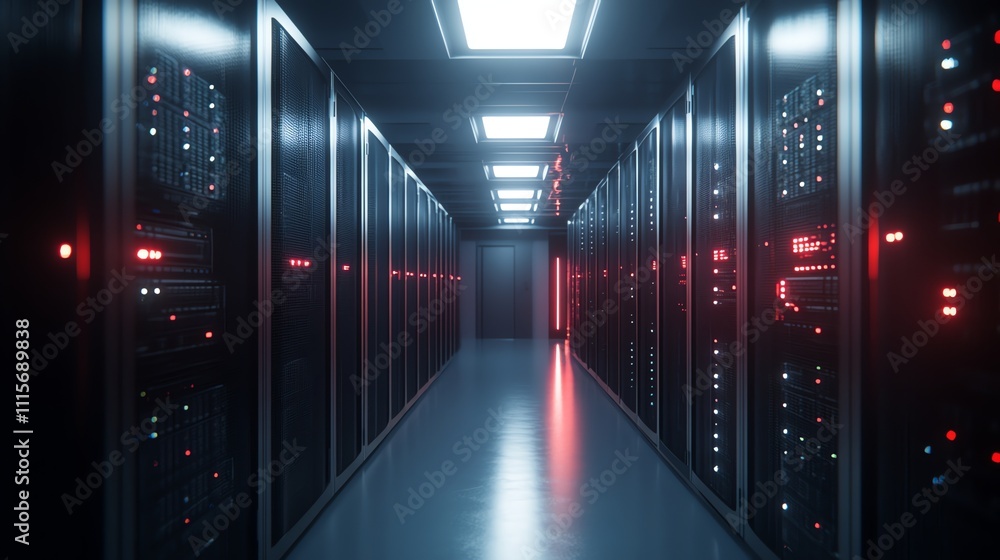 Fototapeta premium A long, narrow hallway lined with rows of server racks, lit with bright white and red lights.