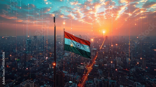 Futuristic concept of communication of Indian city, skyline buildings illuminated with lights, Indian National Flag, 15 August India independence Day
