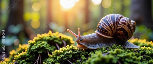 A small brown and white snail is on a mossy rock. The snail is surrounded by green plants and the mossy rock is wet. The scene is peaceful and serene, with the snail moving slowly and calmly photo