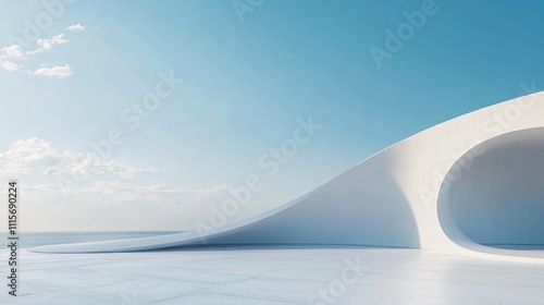 Modern white architectural building with artistic and abstract design, featuring a clean, minimalist background. The spacious ground and sky offer an ideal setting for an automotive advertisement back