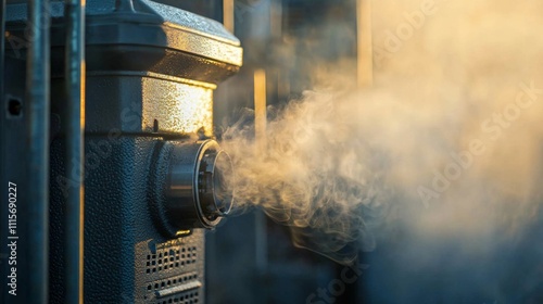 Detailed closeup of diesel generator exhaust vent releasing light smoke