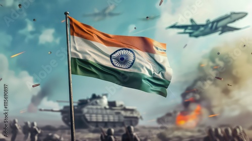 Indian Armed Forces Flag Day, 7th December. Armed forces with military vehicles, Fighter jet, Helicopter, Tank, Rocket Defence, Rocket Launcher. Craft Indian Flag