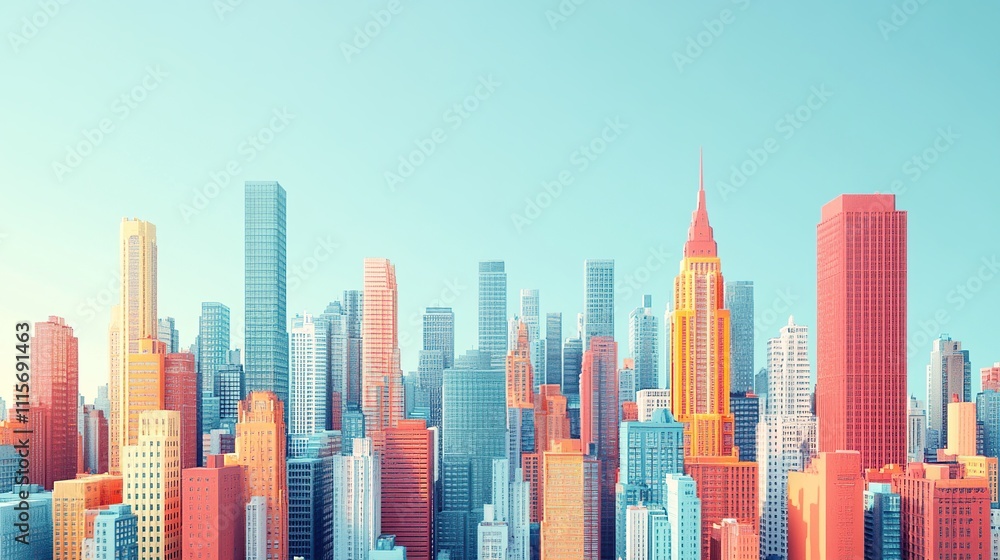 Obraz premium Colorful city skyline featuring modern skyscrapers against a bright sky.