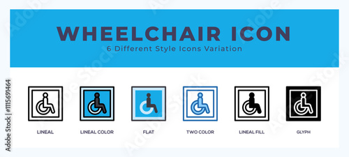 Wheelchair icon symbol set. outline. glyph black. flat color and filled line color.