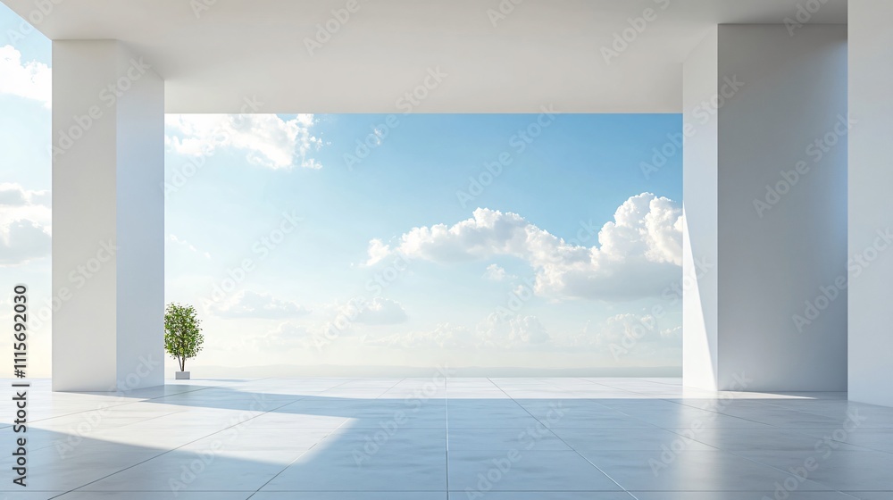 Fototapeta premium Modern white architectural building with artistic and abstract design, featuring a clean, minimalist background. The spacious ground and sky offer an ideal setting for an automotive advertisement back