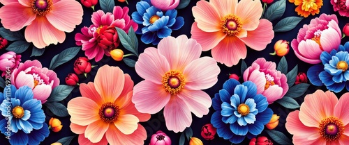 A colorful field of flowers with a blue sky in the background. The flowers are of various colors and sizes, and they are arranged in a way that creates a sense of depth and movement