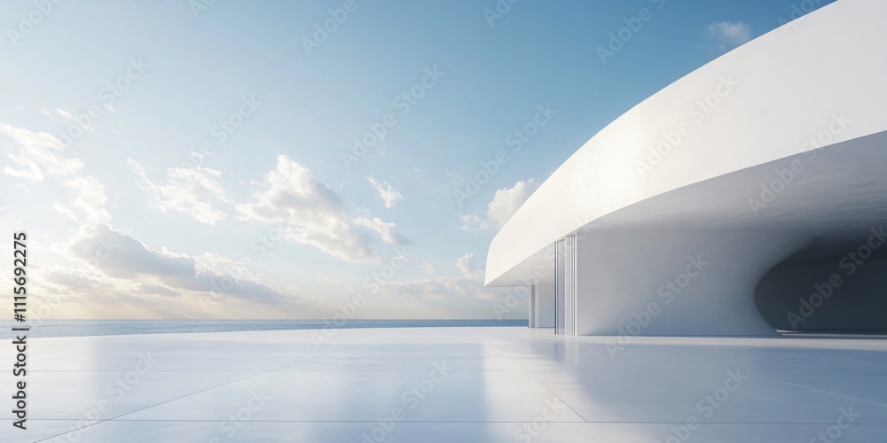Fototapeta premium Modern white architectural building with artistic and abstract design, featuring a clean, minimalist background. The spacious ground and sky offer an ideal setting for an automotive advertisement back