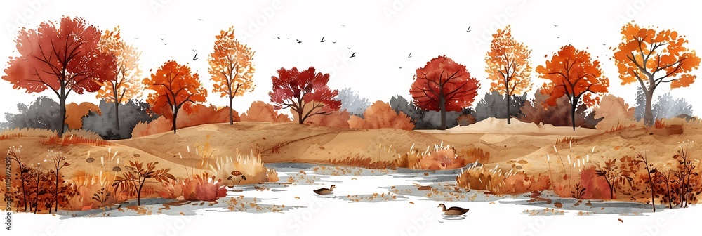 Fototapeta premium Ducks swimming a tranquil pond framed by reeds and trees painted in soft pastel hues in a serene watercolor design