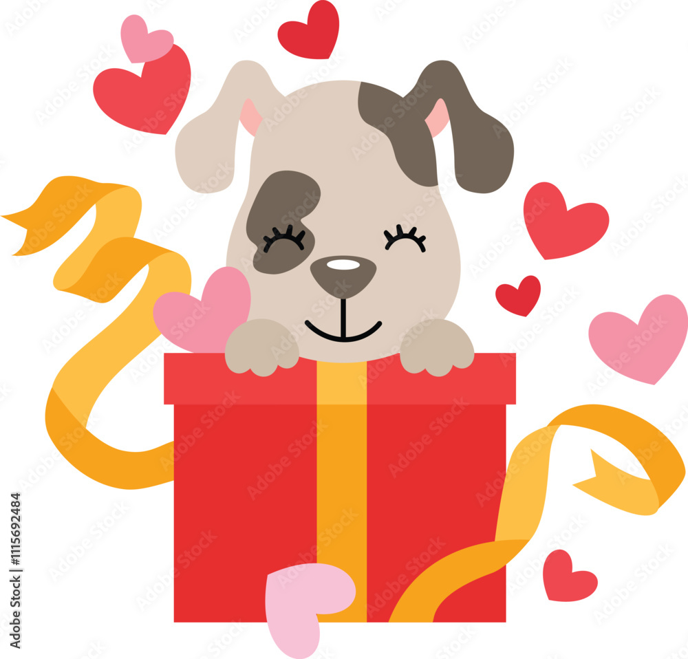Fototapeta premium Cute puppy with gift and hearts
