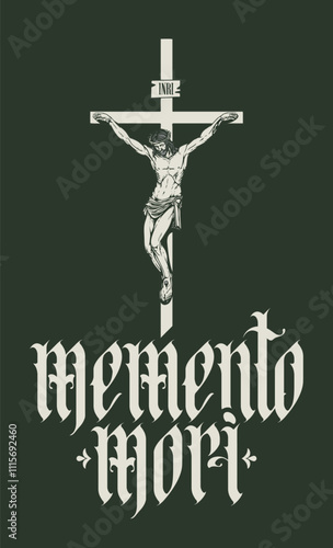 vector calligraphic inscription in gothic font memento mori from latin language translated Think about death and the cross with the crucified Jesus Christ