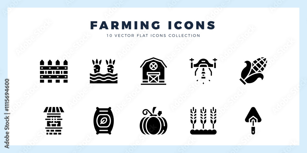 Naklejka premium 10 Farming Glyph icons pack. vector illustration.