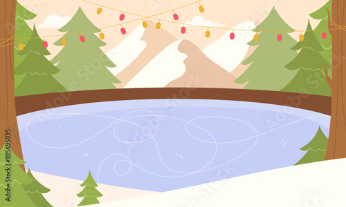 Skating rink amidst the forest and mountains. Winter landscape