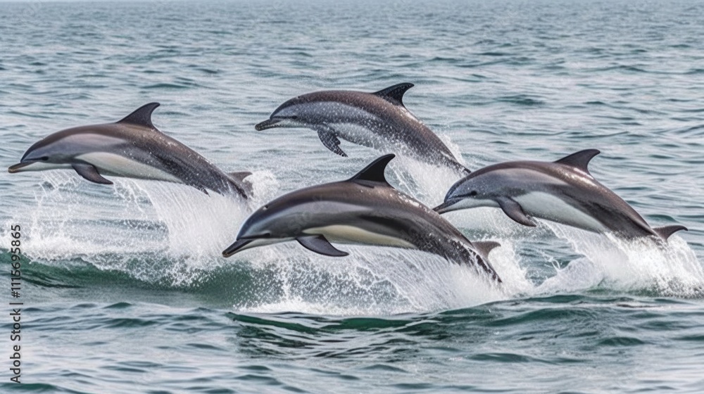 Fototapeta premium Dolphins leaping gracefully above ocean waves, showcasing their agility and playfulness.