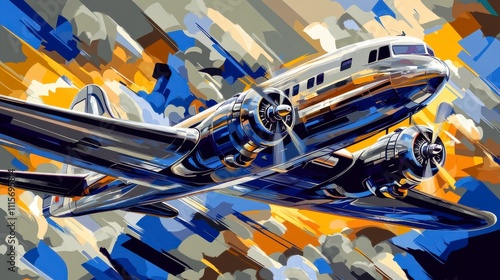 Vintage Airplane Illustration with Dramatic Colors and Motion Effects Capturing the Essence of Flight and Aviation Art in a Dynamic Scene