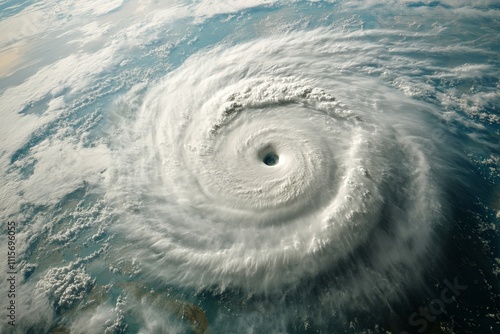 A raging storm with dense, spiraling clouds and a visible eye over the ocean, exemplifying the awesome force and chaotic beauty of natural weather phenomena.