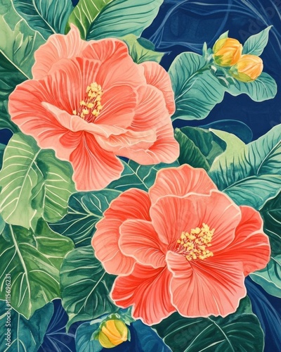 Wallpaper Mural Vibrant illustration of hibiscus flowers with lush green leaves. Torontodigital.ca