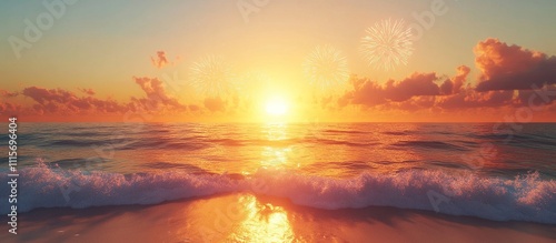 A serene beach sunset with colorful fireworks illuminating the sky.