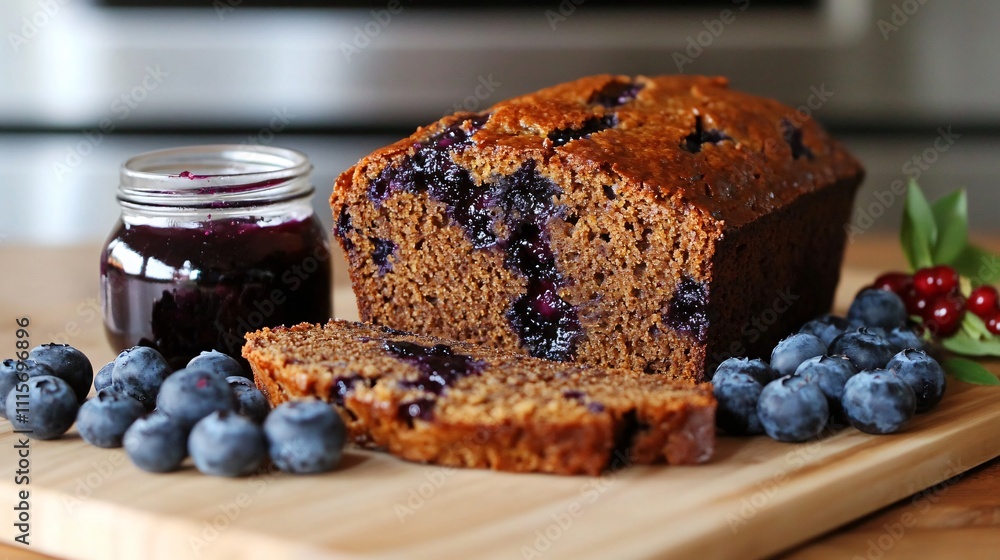 A sliced blueberry teacake loaf on a cutting board, surrounded by fresh berries and a small jar of jam A sliced blueberry teacake loaf on a cutting board, surrounded by fresh berries and a small jar of jam