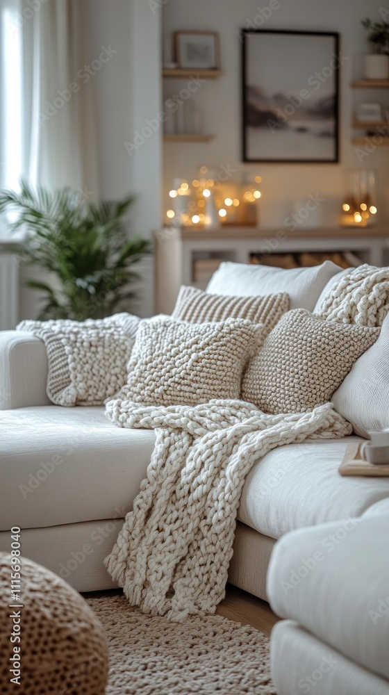 Cozy Neutral Living Room Sofa With Knitted Throw Pillows Cozy Neutral Living Room Sofa With Knitted Throw Pillows