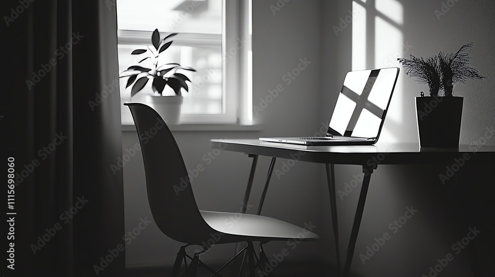 A black and white photo of a desk with a laptop, a plant and a cup of coffee in front of a window with blinds. A black and white photo of a desk with a laptop, a plant and a cup of coffee in front of a window with blinds.