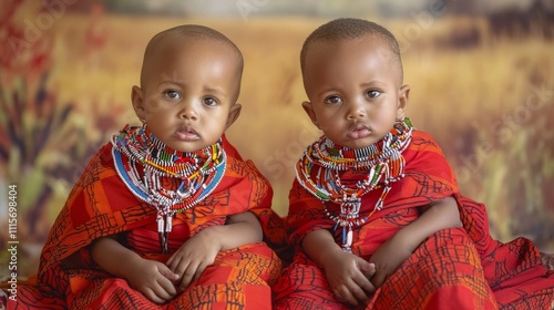 Kenyan Twin Children Embracing Their Maasai Heritage in Vibrant Shukas Against Savannah Backdrop photo