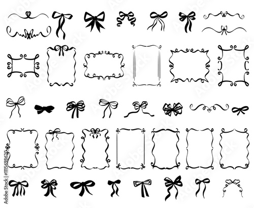 Line drawing vintage bows and ribbon frames, quirky borders vector illustration, monogram or wedding set