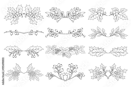 Botanical winter line drawing illustration, hand drawn holly leaves and berries, Christmas floral decorative elements, vector outline set