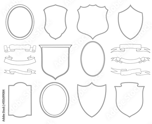 Line art vintage crest frames and ribbons, line drawing  vector illustration, monogram or wedding border set