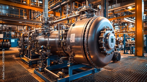 Complex steam generator with metal pipes and valves on factory floor