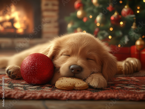 puppy next to the fireplace and christams tree made from cookies photo