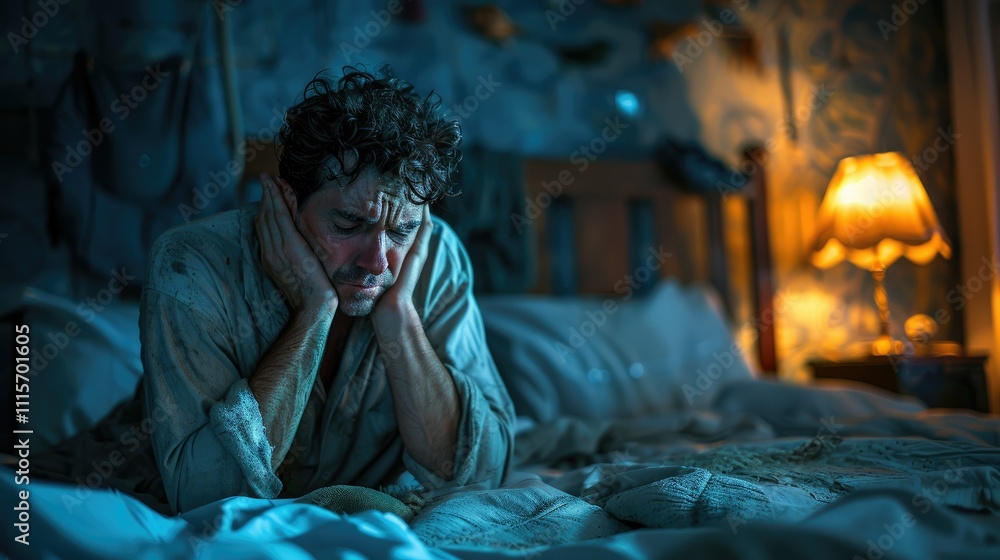 Fototapeta premium Sad man sitting up in bed at night, hands on his face, looking down.
