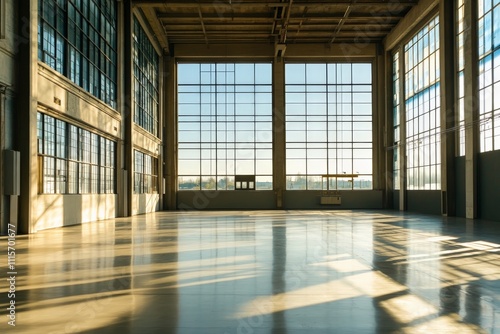 A clean, modern interior featuring expansive glass windows that allow sunlight to pour in, illuminating the polished floors and creating geometric light patterns.