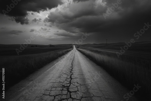 A long, cracked road vanishes into the horizon, fading beneath a brooding sky with a sense of mystery and solitude in this bleak, dramatic landscape. photo