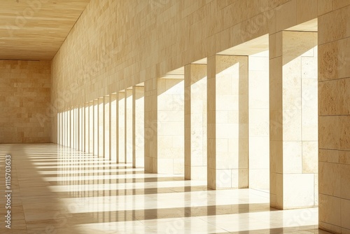 A beautiful hallway with natural light casting sharp geometric shadows on the floor and walls, showcasing symmetry and architectural elegance in minimalistic design. photo