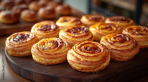 Wallpaper Mural Golden-brown pastry swirls on wooden board. Torontodigital.ca