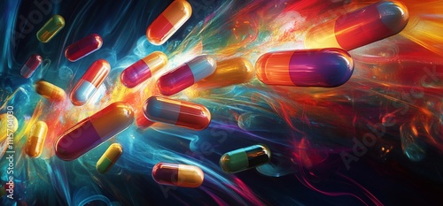 Colorful capsules in motion, symbolizing health and pharmaceuticals. photo