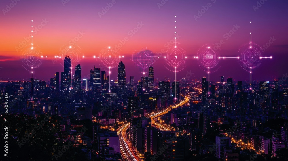 Fototapeta premium A sleek, tech-inspired design featuring 5G wireless network, data synchronization, cloud computing, and high-speed internet connectivity reflecting global business solutions and smart cities.