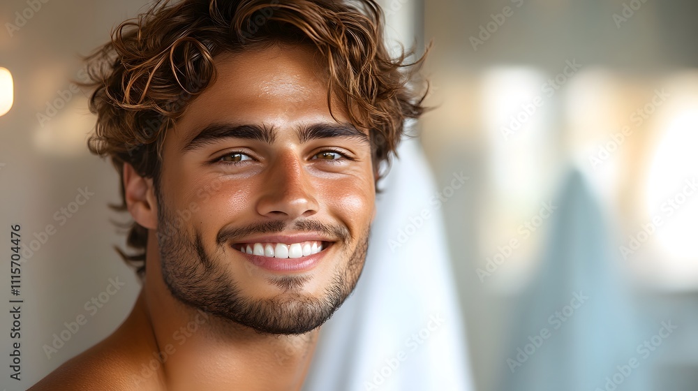 A smiling young man in the morning looks strong and healthy, creating a feeling of freshness and energy. Suitable for use in a health care product ad or a campaign to promote a quality start the day. A smiling young man in the morning looks strong and healthy, creating a feeling of freshness and energy. Suitable for use in a health care product ad or a campaign to promote a quality start the day.