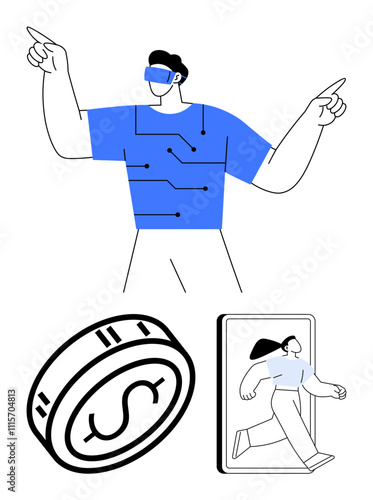 Man wearing VR headset with circuit design shirt, large coin with dollar sign, and person running out of phone screen. Ideal for technology, finance, fitness, virtual reality, gaming, innovation