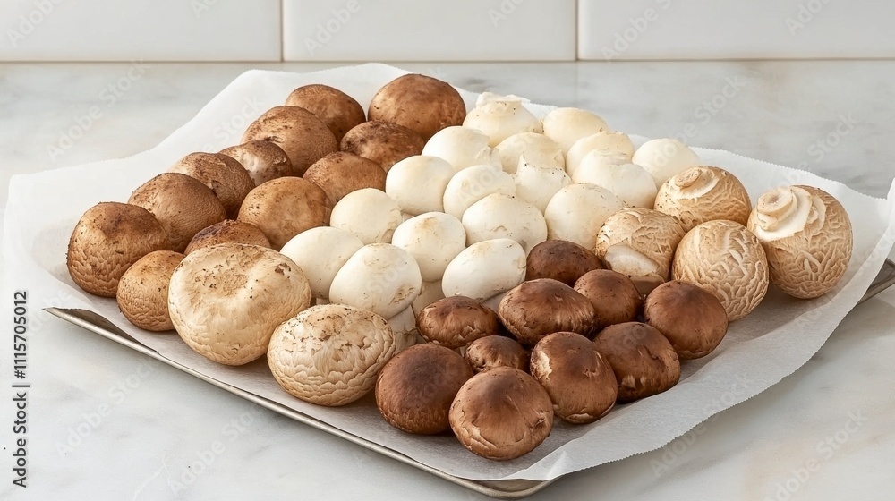 Obraz premium Assorted Mushrooms on Parchment Paper with Diffused Light