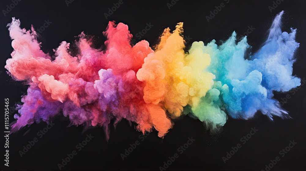 Fototapeta premium A dynamic display of vividly hued powder clouds blending together in midair, forming a rainbow-like burst on a black canvas 