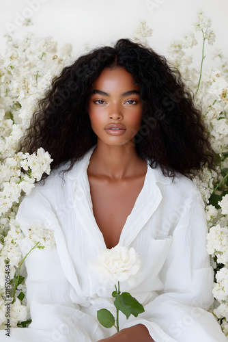 Portrait of a beautiful young black woman, seated, wearing an oversized white linen shirt, holding a single withered white rose, petals falling like unsent letters, surrounded by a field of flowers. photo