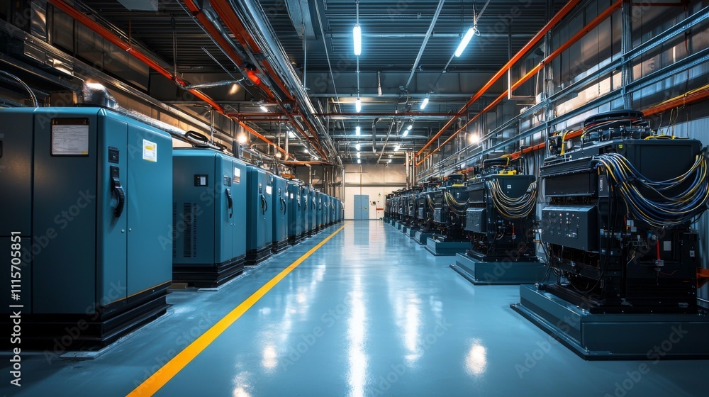 Fototapeta premium Organized welllit industrial generator installation room with large units