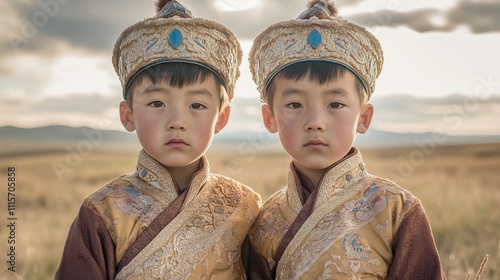 Mongolian Twin Boys Embracing Traditions in Deel Amid Vast Steppe Landscape with Powerful Expressions photo