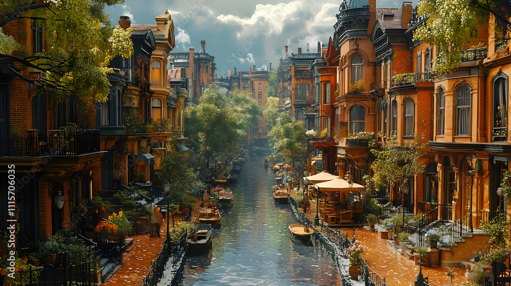 Fototapeta premium Waterfront Canal Cityscape Illustration