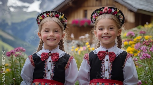 Swiss Siblings in Alpine Charm: Twin Children in Traditional Costumes Amid Mountain Flowers and Chalet Backdrop