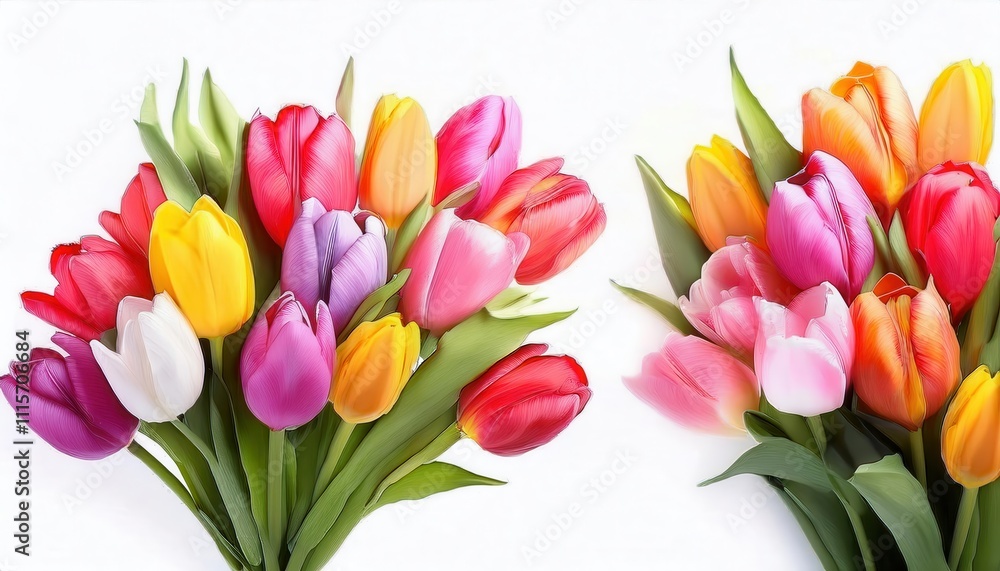 Obraz premium Vibrant Spring Tulips Bouquet for International Women's Day Celebration. Perfect for Greetings, Invitations, Social Media Posts, and Seasonal Decor on 8 March to Welcome Springtime Beauty