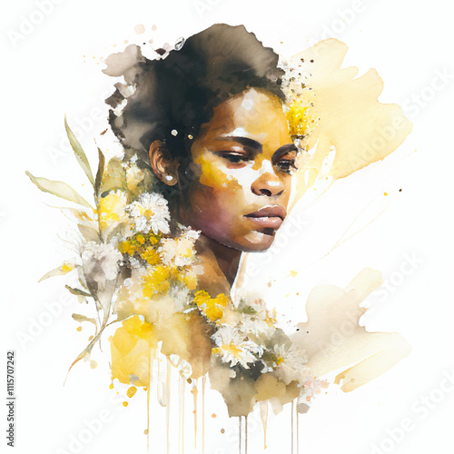 Watercolor portrait of latinoamerican woman with yellow flowers in the hair vector art, latina beautiful young girl with floral decorations hairstyle